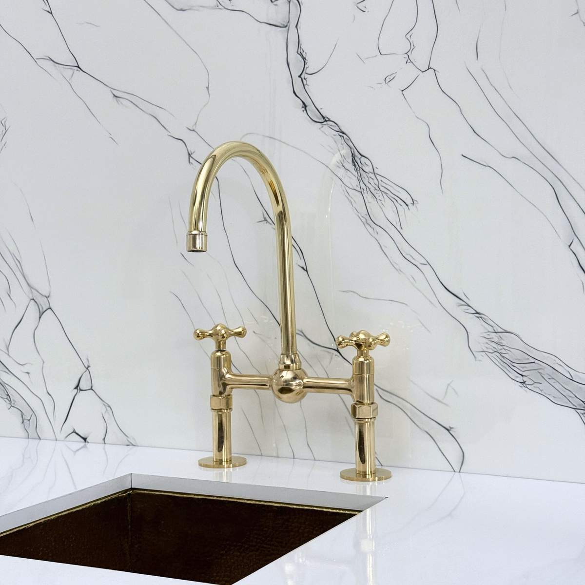 Unlacquered Brass Bridge Kitchen Faucet with Cross Handles – Regent – alternate view 7