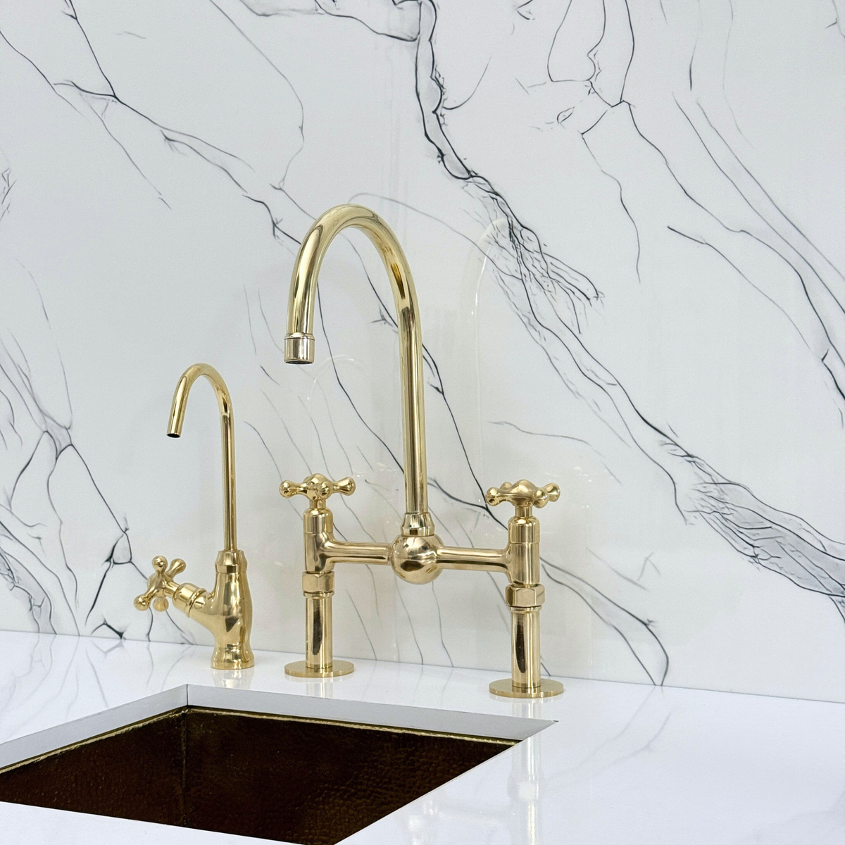 Unlacquered Brass Bridge Kitchen Faucet with Cross Handles – Regent – alternate view 9