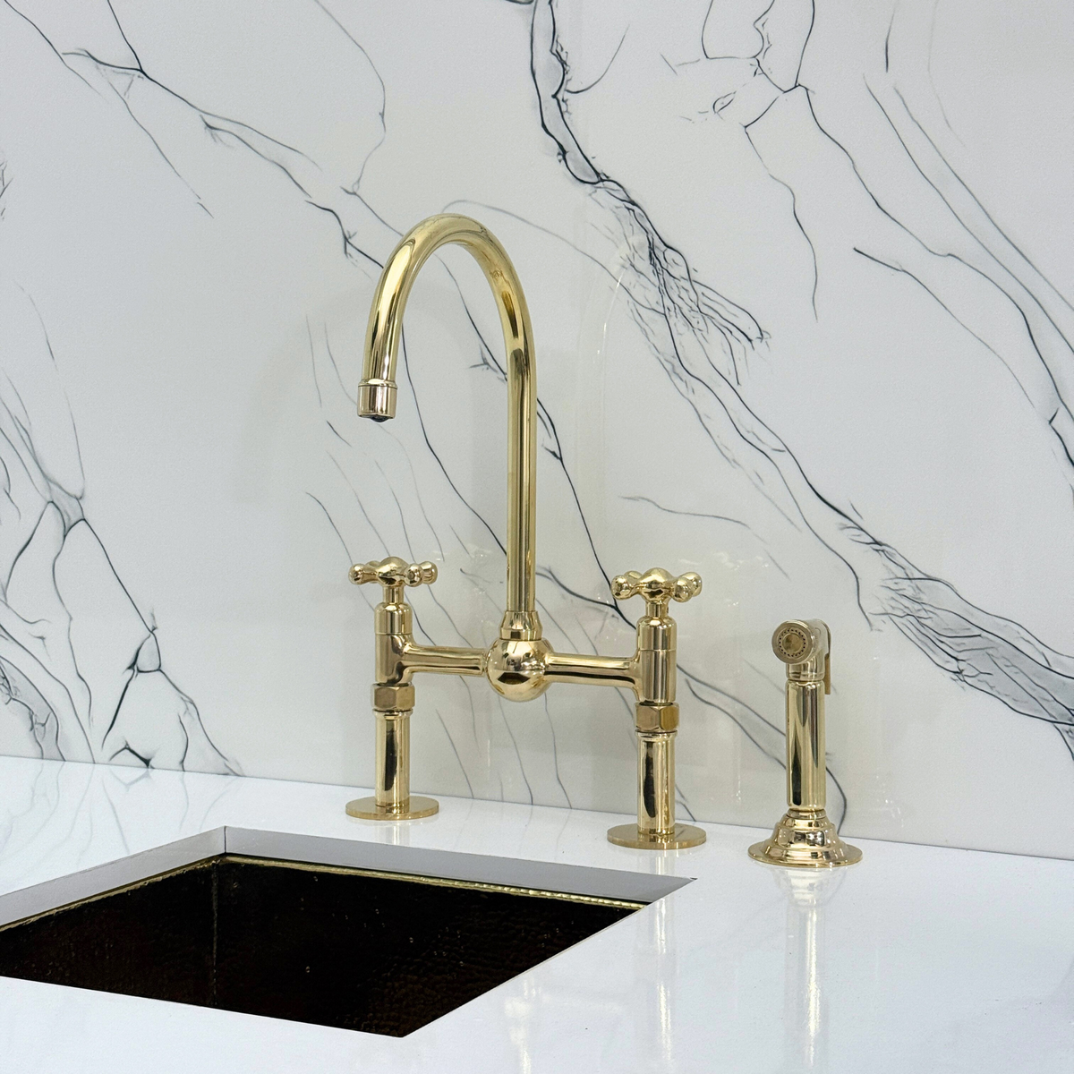 Unlacquered Brass Bridge Kitchen Faucet with Cross Handles – Regent – alternate view 11