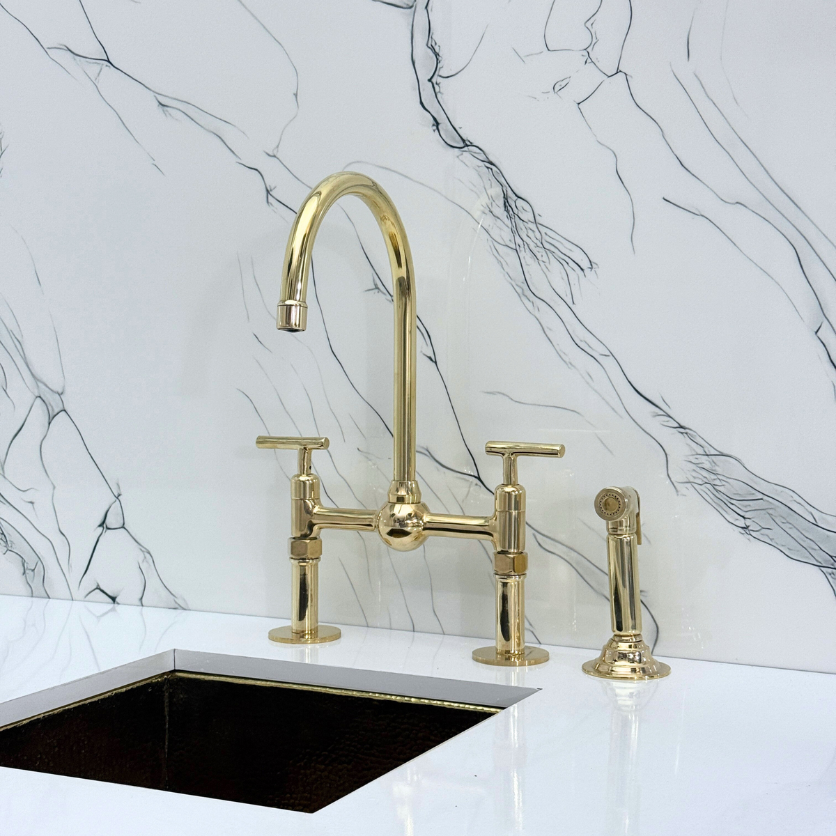 Unlacquered Brass Bridge Kitchen Faucet with Lever Handles – Regent – alternate view 10