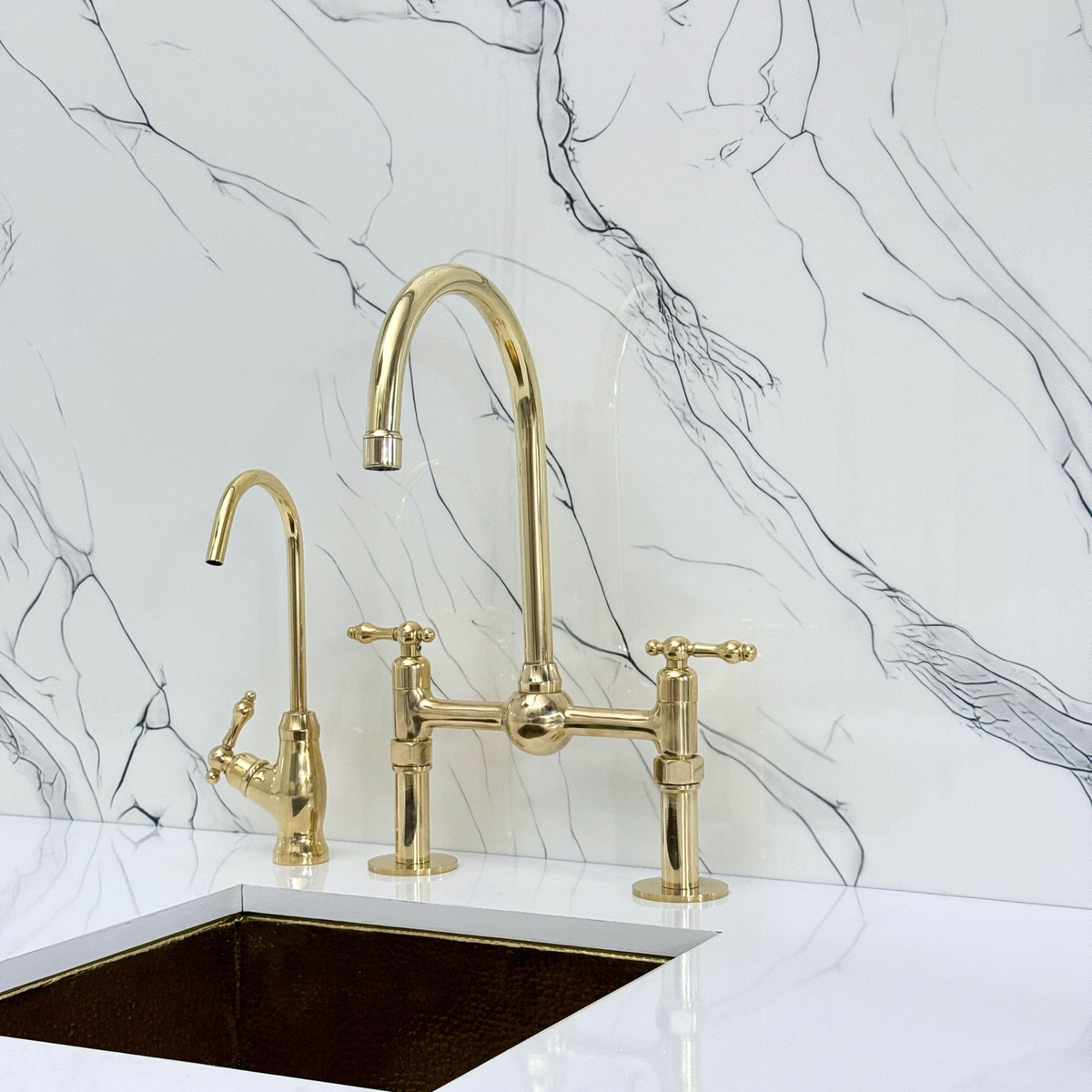 Unlacquered Brass Bridge Kitchen Faucet with Lever Handles – Regent – alternate view 7