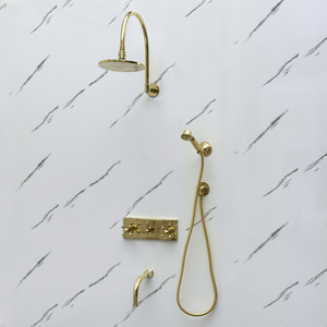 Unlacquered Brass Adjustable Flat Round Rain Shower System with Handheld & Tub Filler — Arcuate arm (UBCSS-014) — detail view 2