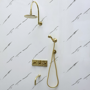 Unlacquered Brass Adjustable Flat Round Rain Shower System with Handheld & Tub Filler — Arcuate arm (UBCSS-014) — detail view 4