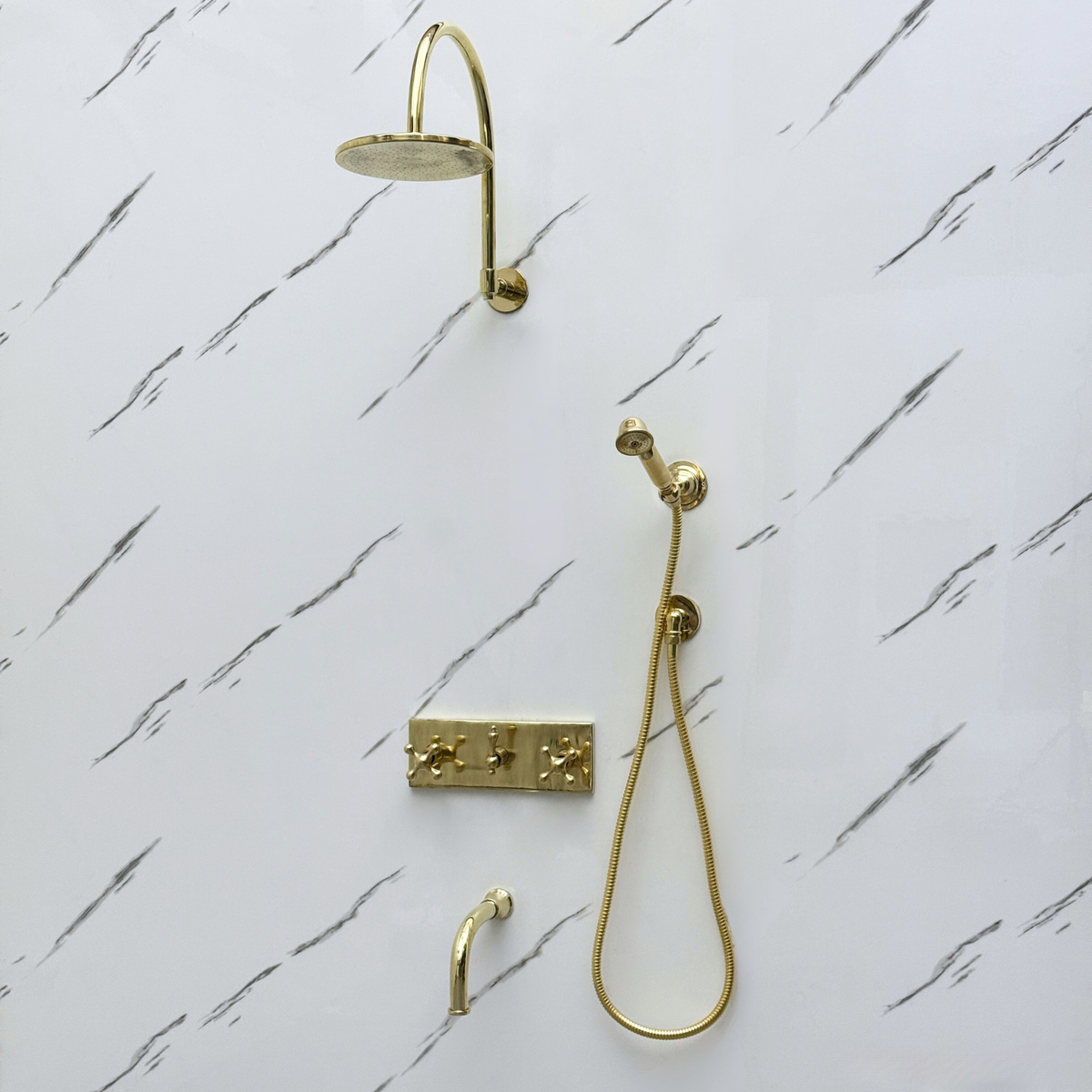 Unlacquered Brass Adjustable Flat Round Rain Shower System with Handheld & Tub Filler — Arcuate arm (UBCSS-014) — detail view 8