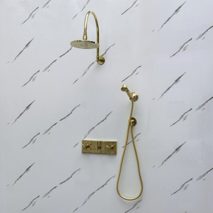 Unlacquered Brass Adjustable Flat Round Rain Shower System with Handheld — Arcuate arm (UBCSS-012) — detail view 4
