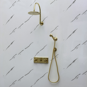 Unlacquered Brass Adjustable Flat Round Rain Shower System with Handheld — Arcuate arm (UBCSS-012) — detail view 9