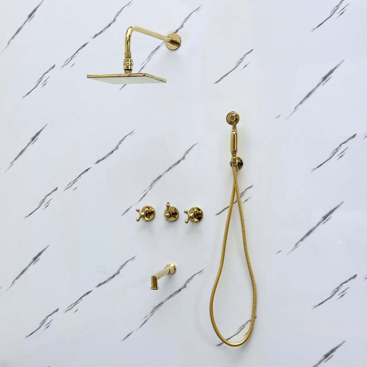 Unlacquered Brass Adjustable Square Rain Shower System with Handheld & Tub Filler — Straight arm (UBCSS-016) — detail view 2