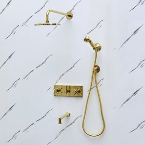 Unlacquered Brass Adjustable Round Rain Shower System with Handheld & Tub Filler — Straight arm (UBCSS-015) — detail view 9