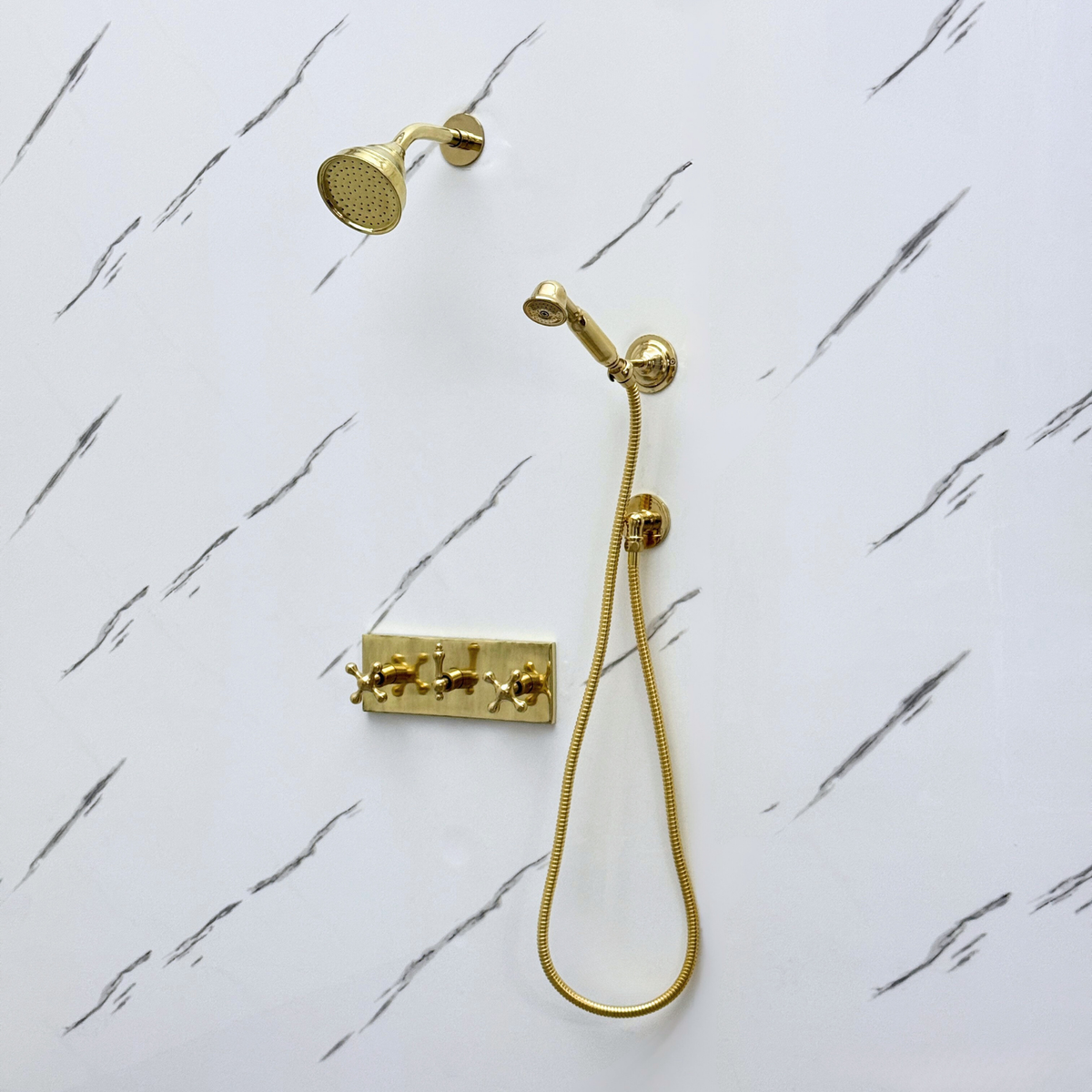 Unlacquered Brass Adjustable Round Rain Shower System with Handheld — Short arm (UBCSS-010) — detail view 8