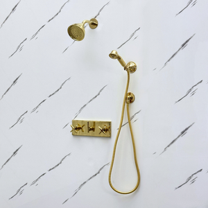 Unlacquered Brass Adjustable Round Rain Shower System with Handheld — Short arm (UBCSS-010) — detail view 9