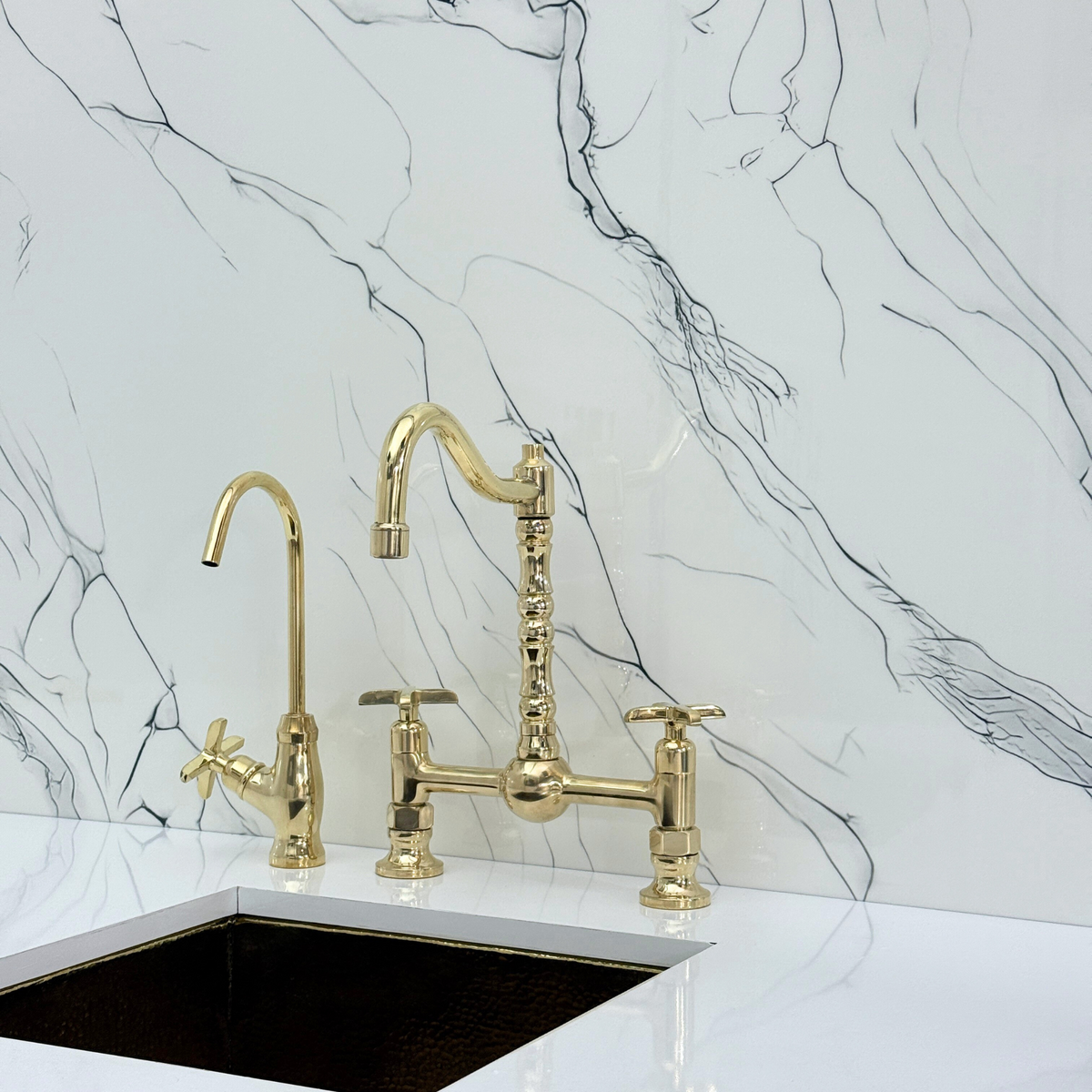 Unlacquered Brass Victorian Bridge Kitchen Faucet with Cross Handles – Pembroke – alternate view 9