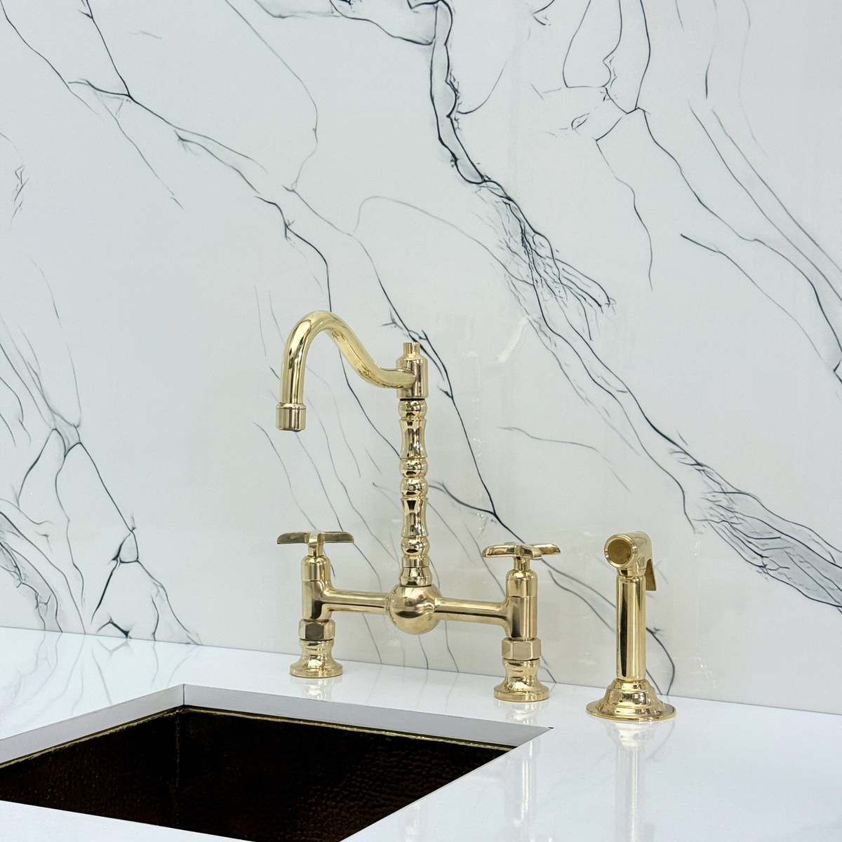 Unlacquered Brass Victorian Bridge Kitchen Faucet with Cross Handles – Pembroke – alternate view 11