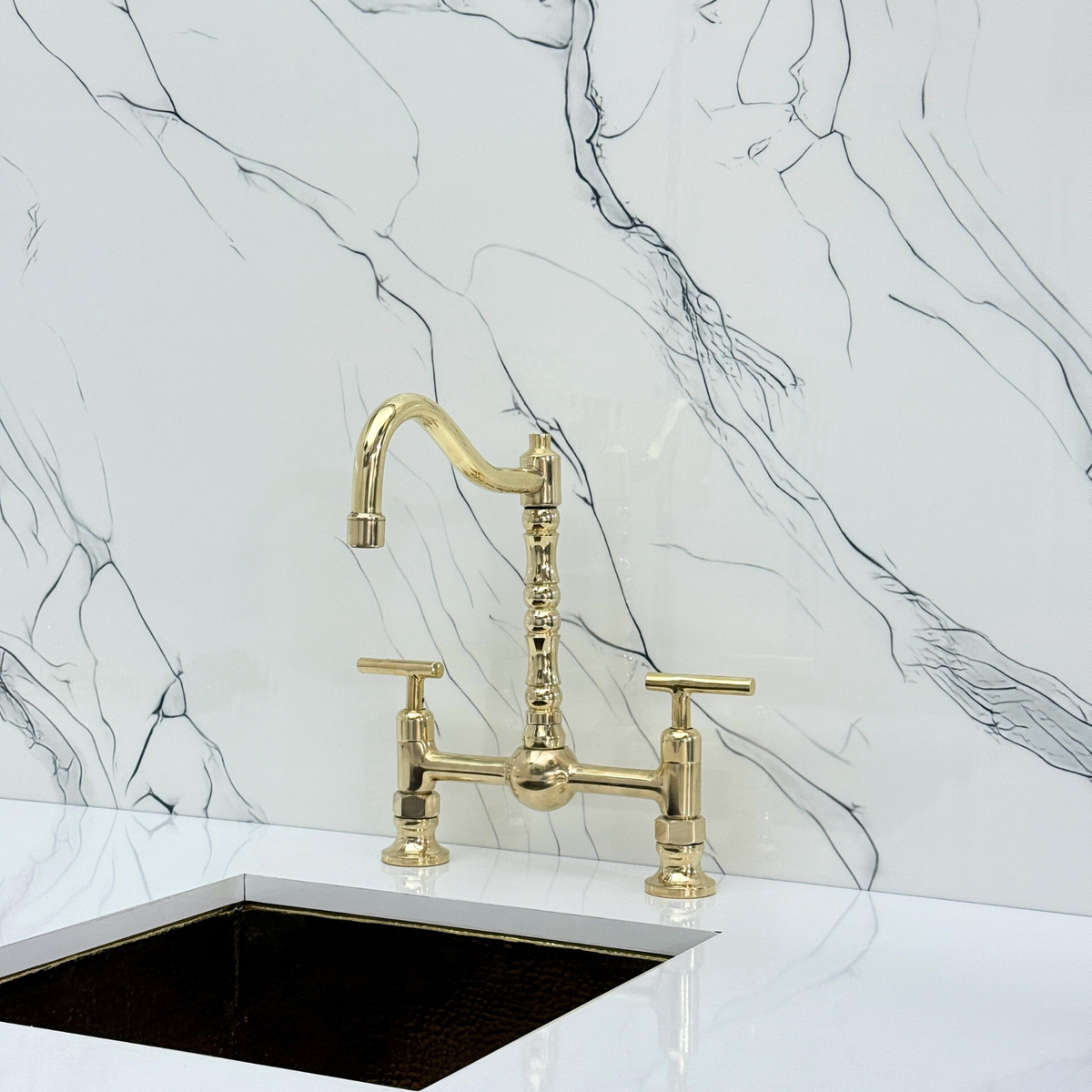 Unlacquered Brass Victorian Bridge Kitchen Faucet with Lever Handles – Pembroke – alternate view 6