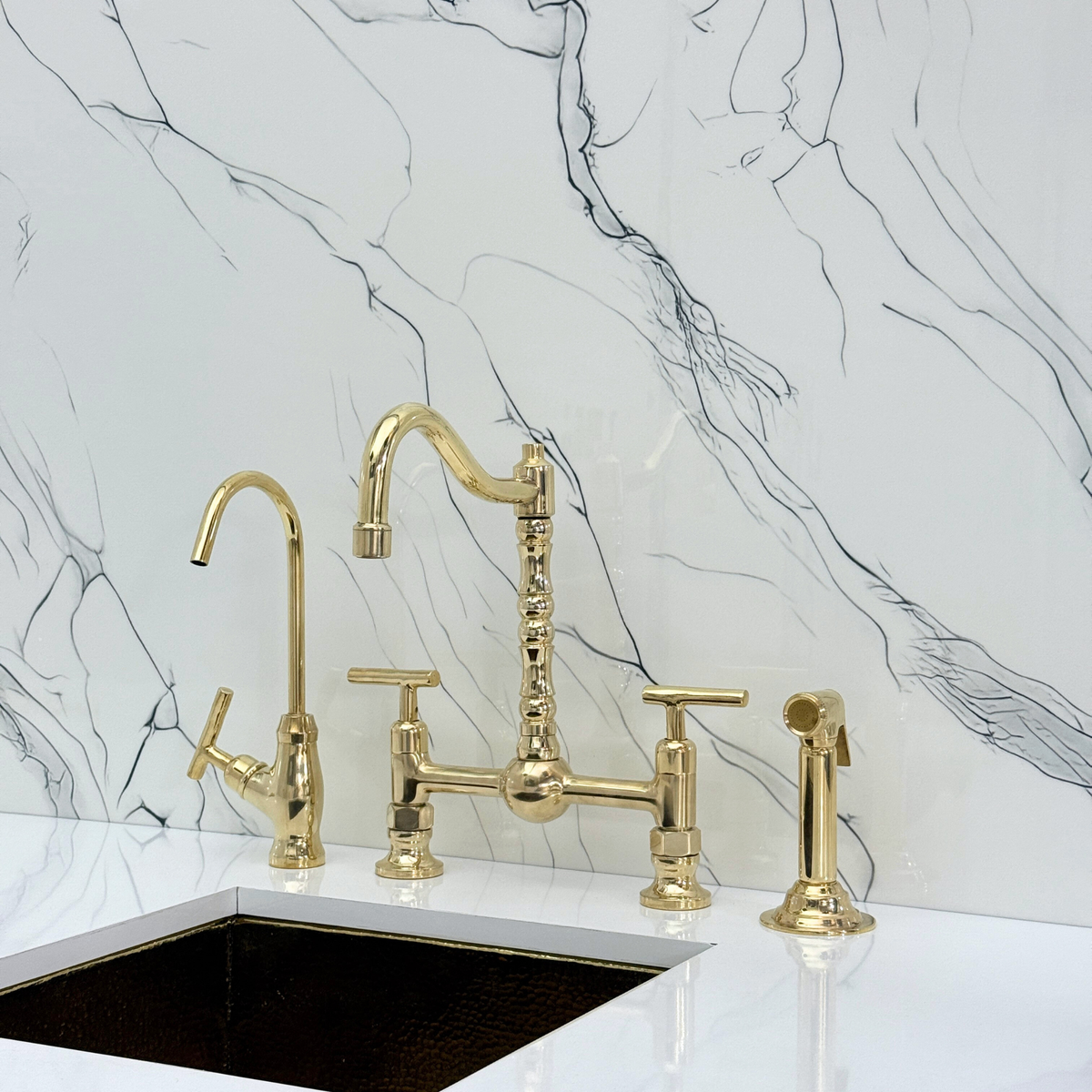 Unlacquered Brass Victorian Bridge Kitchen Faucet with Lever Handles – Pembroke – alternate view 3