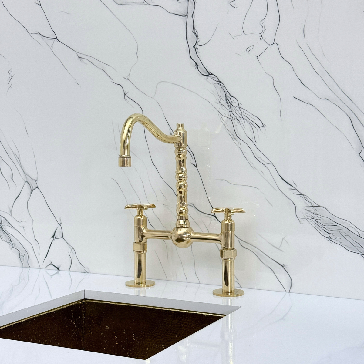 Unlacquered Brass Victorian Bridge Kitchen Faucet with Cross Handles – Kensington – alternate view 8