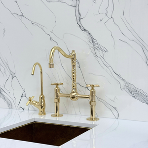 Unlacquered Brass Victorian Bridge Kitchen Faucet with Cross Handles – Kensington – alternate view 10