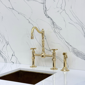 Unlacquered Brass Victorian Bridge Kitchen Faucet with Cross Handles – Kensington – alternate view 12