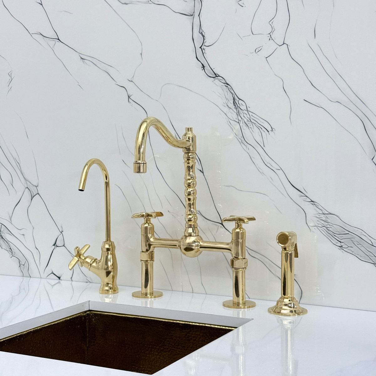 Unlacquered Brass Victorian Bridge Kitchen Faucet with Cross Handles – Kensington – alternate view 4