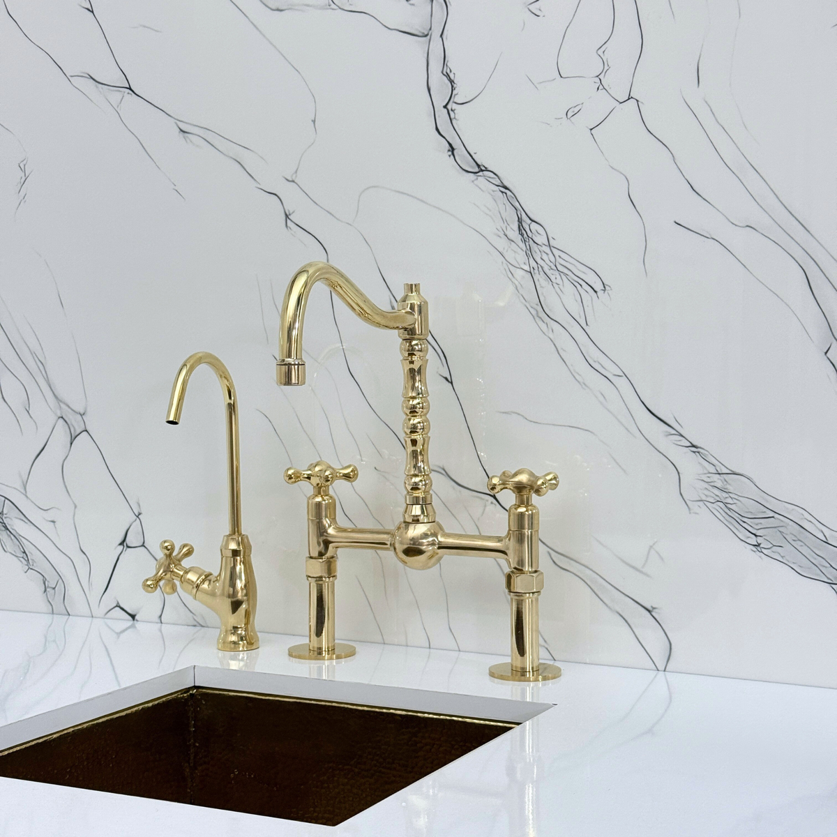 Unlacquered Brass Victorian Bridge Kitchen Faucet with Cross Handles – Kensington – alternate view 9