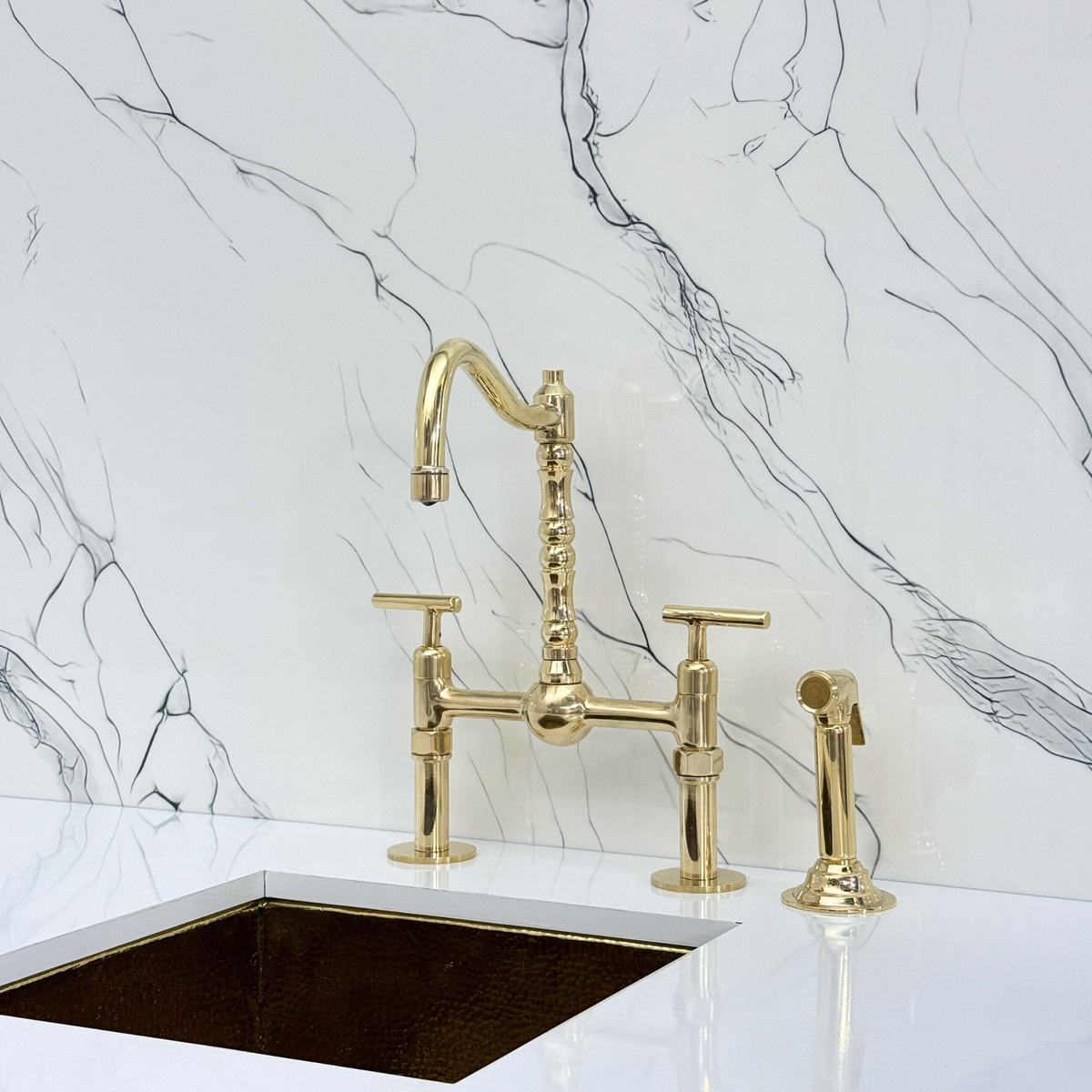 Unlacquered Brass Victorian Bridge Kitchen Faucet with Lever Handles – Kensington – alternate view 12