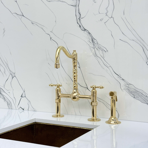 Unlacquered Brass Victorian Bridge Kitchen Faucet with Lever Handles – Kensington – alternate view 11
