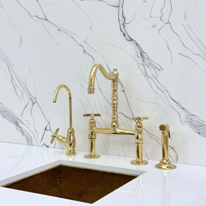 Unlacquered Brass Victorian Bridge Kitchen Faucet with Cross Handles – Beaumont – alternate view 3