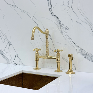 Unlacquered Brass Victorian Bridge Kitchen Faucet with Cross Handles – Beaumont – alternate view 7