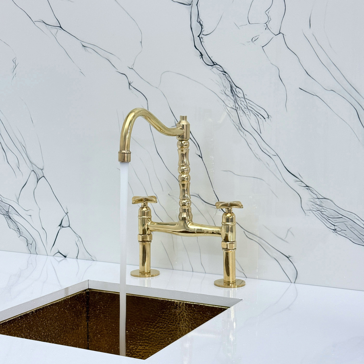 Unlacquered Brass Victorian Bridge Kitchen Faucet with Cross Handles – Beaumont – alternate view 8