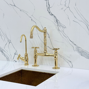 Unlacquered Brass Victorian Bridge Kitchen Faucet with Cross Handles – Beaumont – alternate view 9
