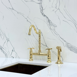 Unlacquered Brass Victorian Bridge Kitchen Faucet with Cross Handles – Alderley – alternate view 12
