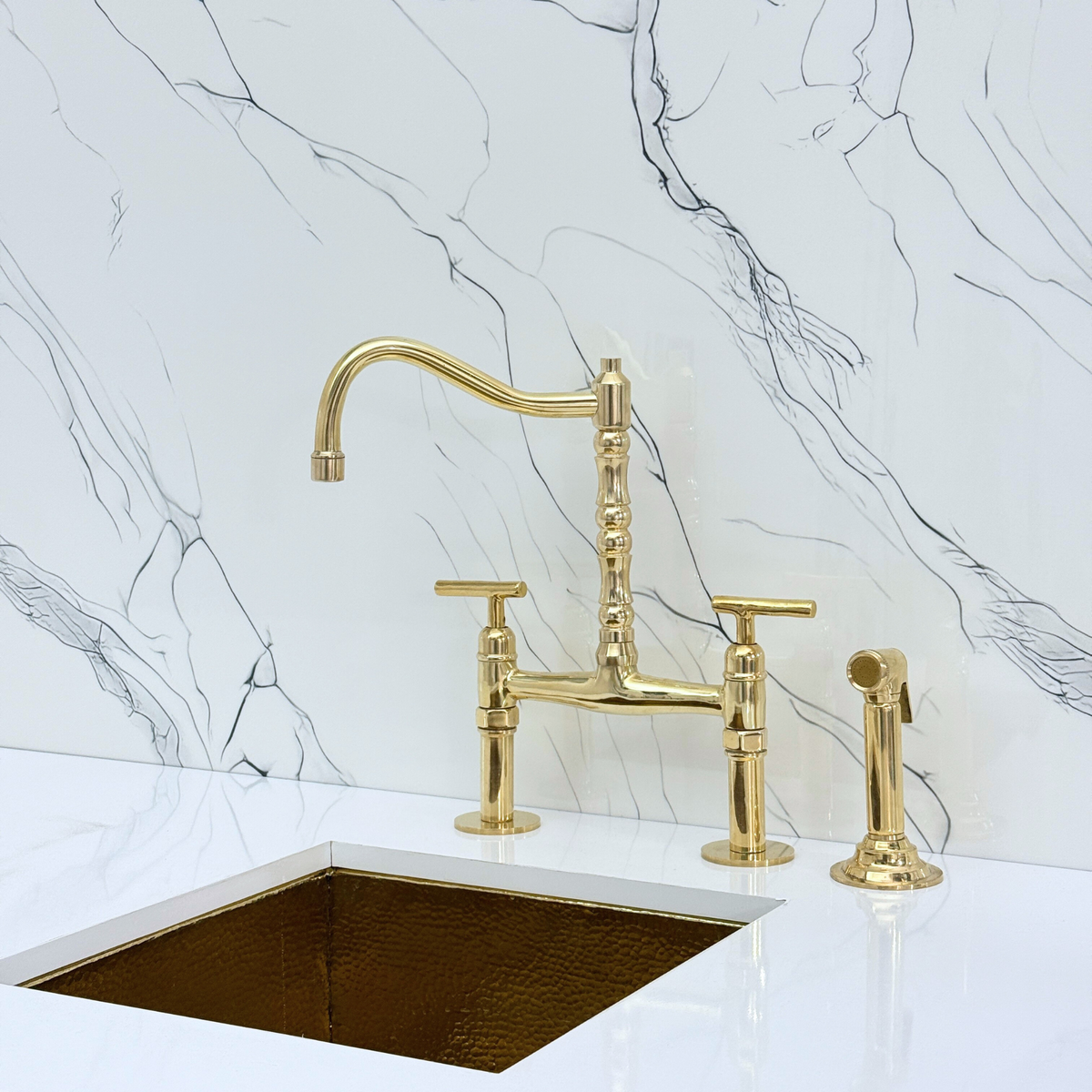 Unlacquered Brass Victorian Bridge Kitchen Faucet with Lever Handles – Beaumont – alternate view 10