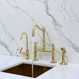 Unlacquered Brass Victorian Bridge Kitchen Faucet with Lever Handles – Beaumont – alternate view 4