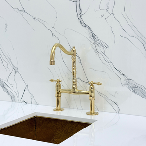 Unlacquered Brass Victorian Bridge Kitchen Faucet with Lever Handles – Beaumont – alternate view 5