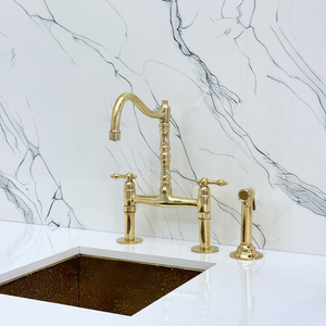 Unlacquered Brass Victorian Bridge Kitchen Faucet with Lever Handles – Beaumont – alternate view 9