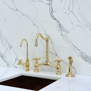 Unlacquered Brass Victorian Bridge Kitchen Faucet with Cross Handles – Finsbury