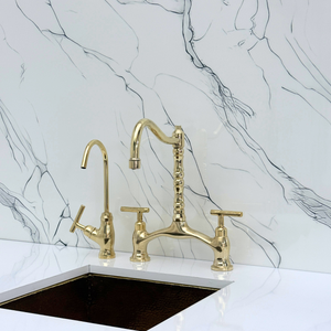 Unlacquered Brass Victorian Bridge Kitchen Faucet with Lever Handles – Finsbury – alternate view 10