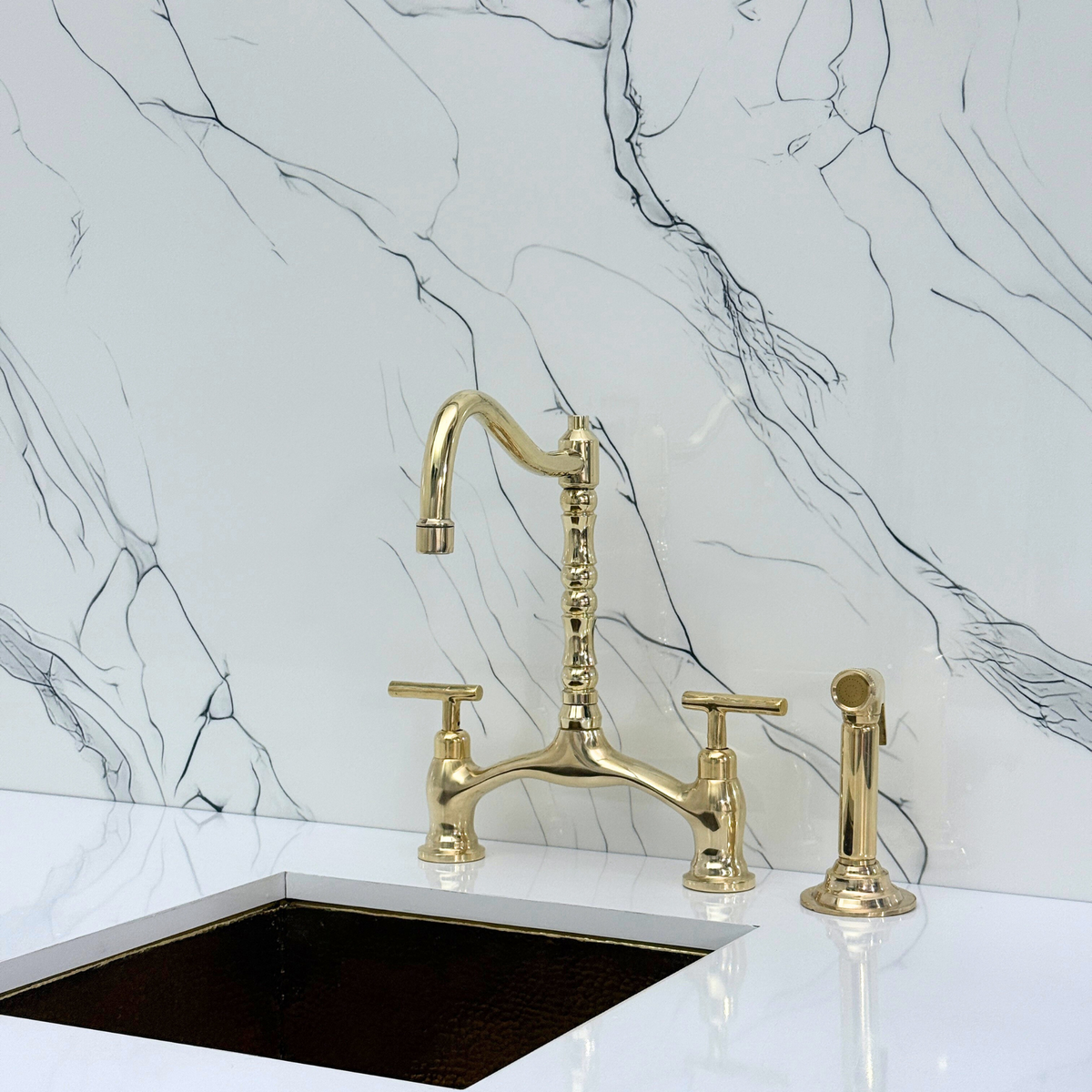 Unlacquered Brass Victorian Bridge Kitchen Faucet with Lever Handles – Finsbury – alternate view 12