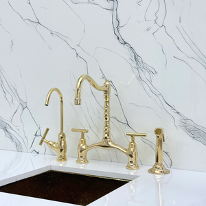 Unlacquered Brass Victorian Bridge Kitchen Faucet with Lever Handles – Finsbury – alternate view 4
