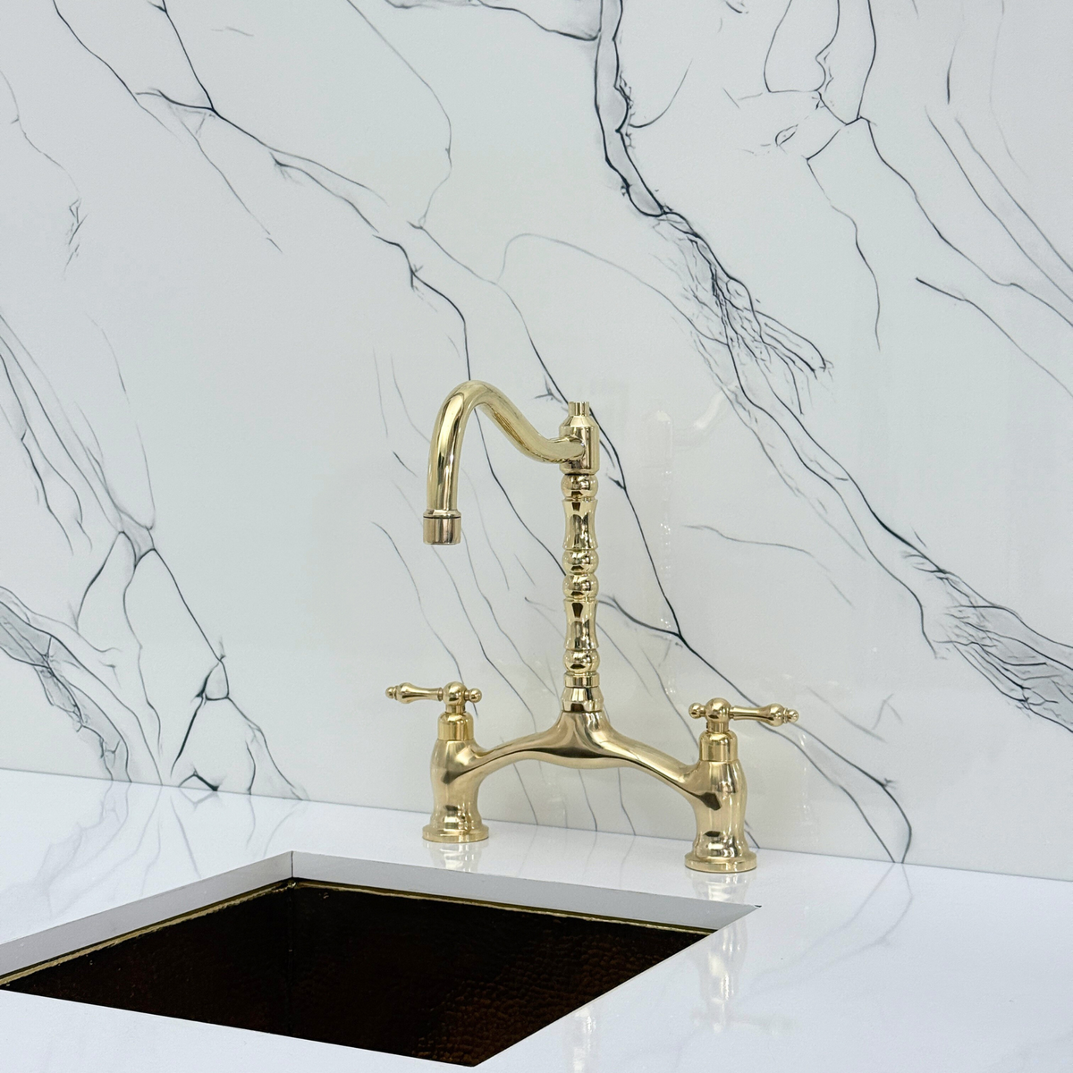 Unlacquered Brass Victorian Bridge Kitchen Faucet with Lever Handles – Finsbury – alternate view 7