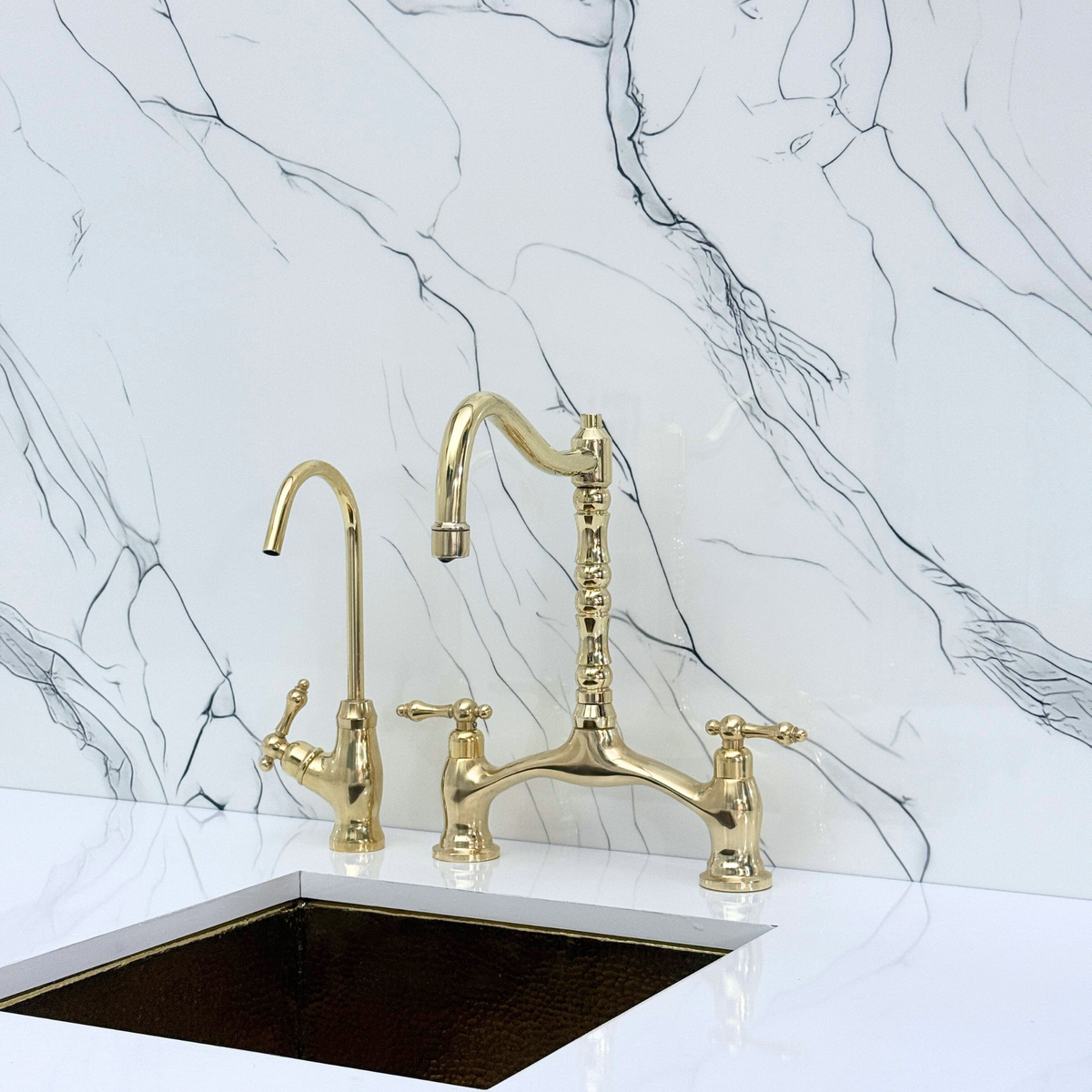 Unlacquered Brass Victorian Bridge Kitchen Faucet with Lever Handles – Finsbury – alternate view 9