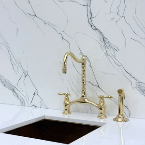 Unlacquered Brass Victorian Bridge Kitchen Faucet with Lever Handles – Finsbury – alternate view 11
