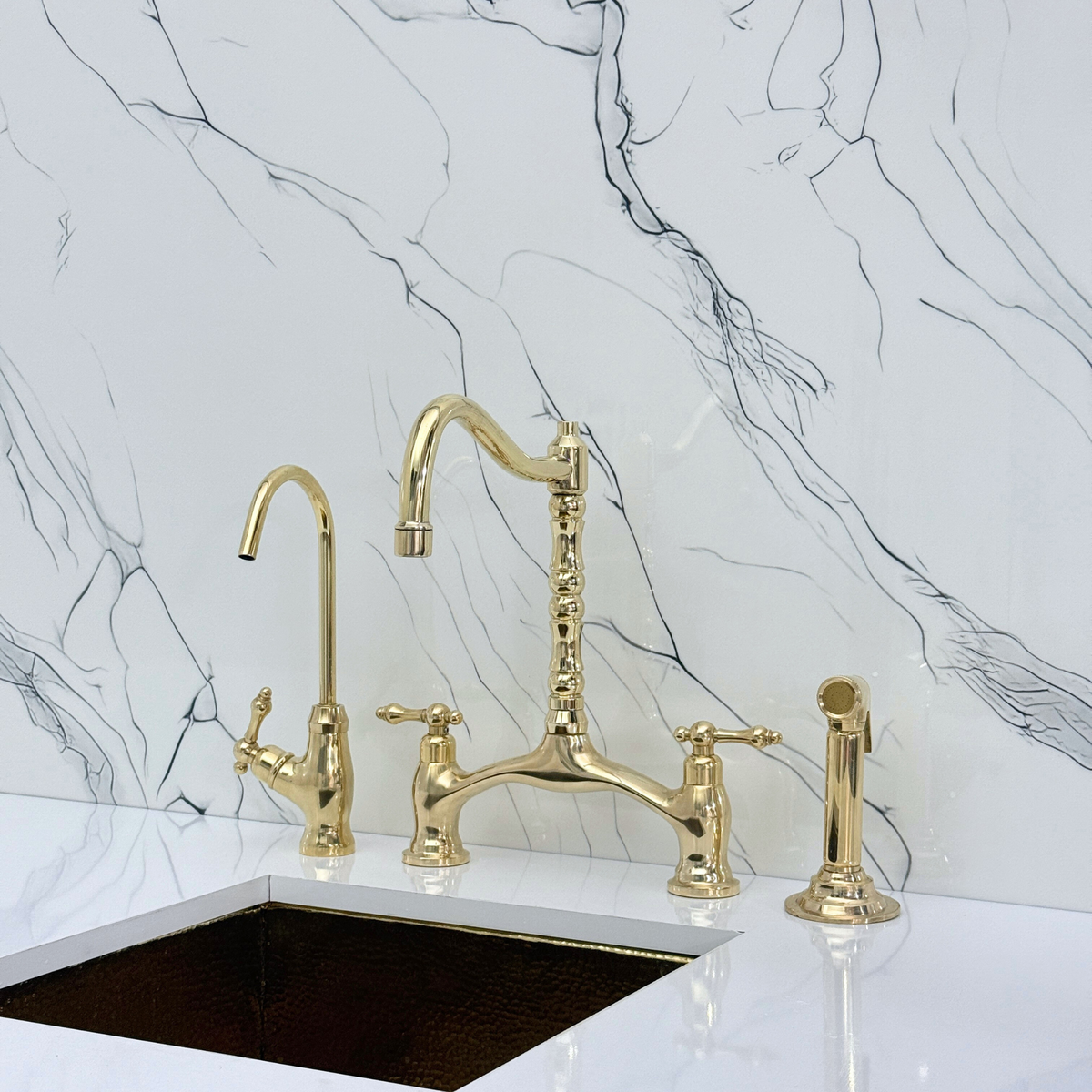 Unlacquered Brass Victorian Bridge Kitchen Faucet with Lever Handles – Finsbury