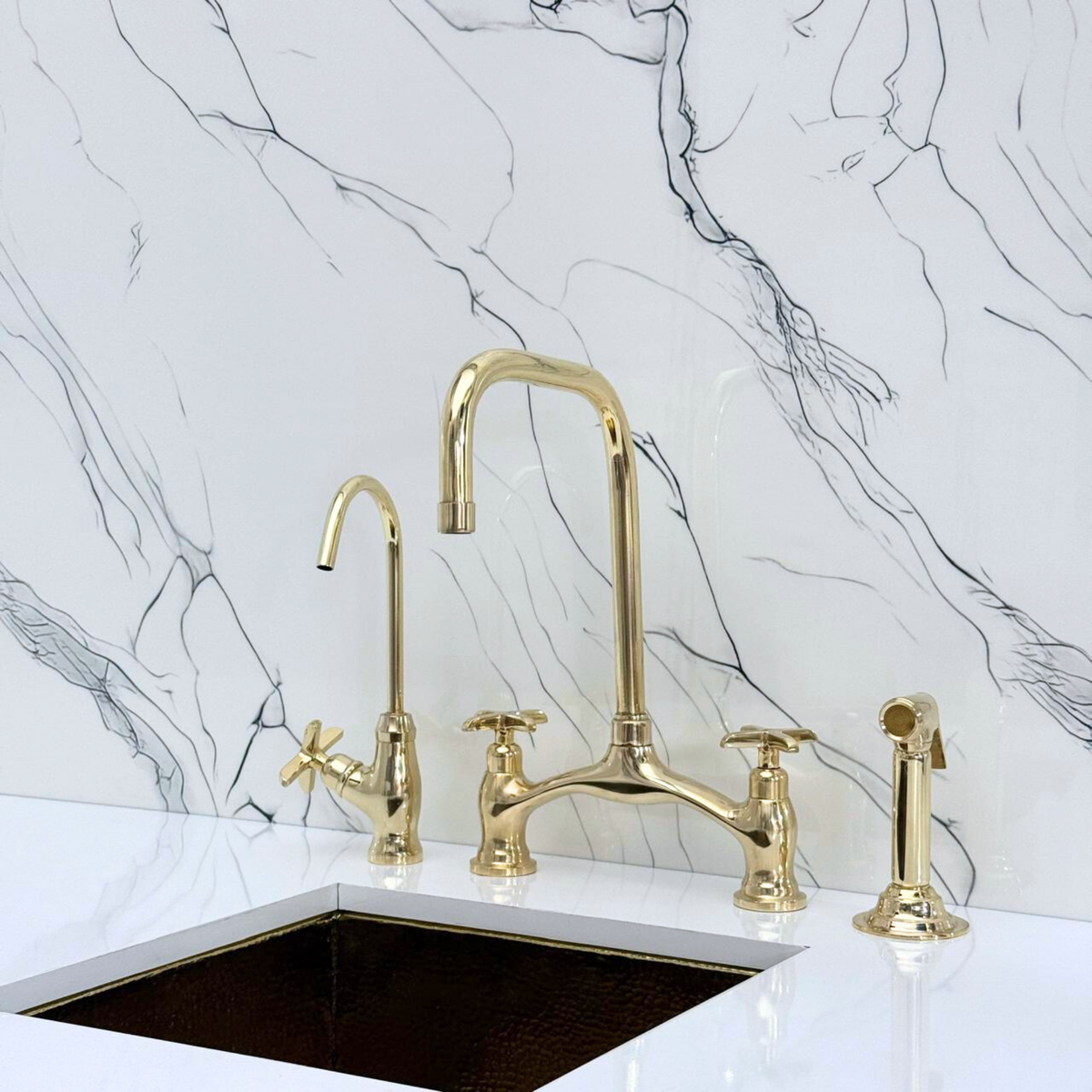 Unlacquered Brass Vintage Bridge Kitchen Faucet with Cross Handles – Grosvenor – alternate view 3
