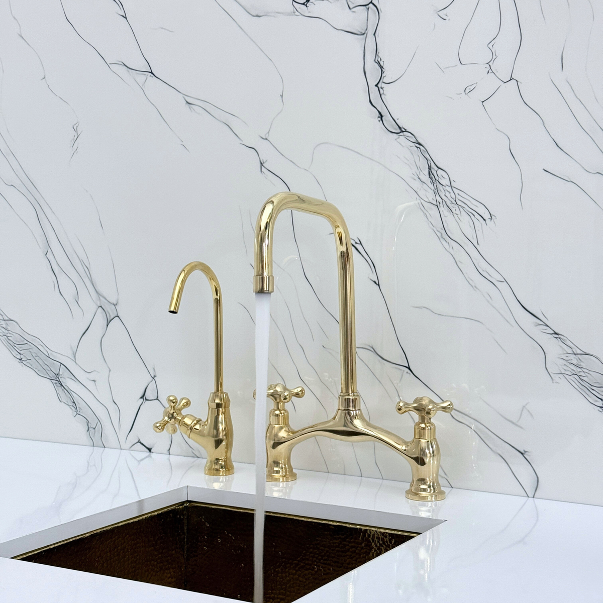 Unlacquered Brass Vintage Bridge Kitchen Faucet with Cross Handles – Grosvenor – alternate view 7