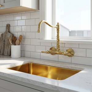 Unlacquered brass wall faucet, 10.25" high, 6" spread with lever handles