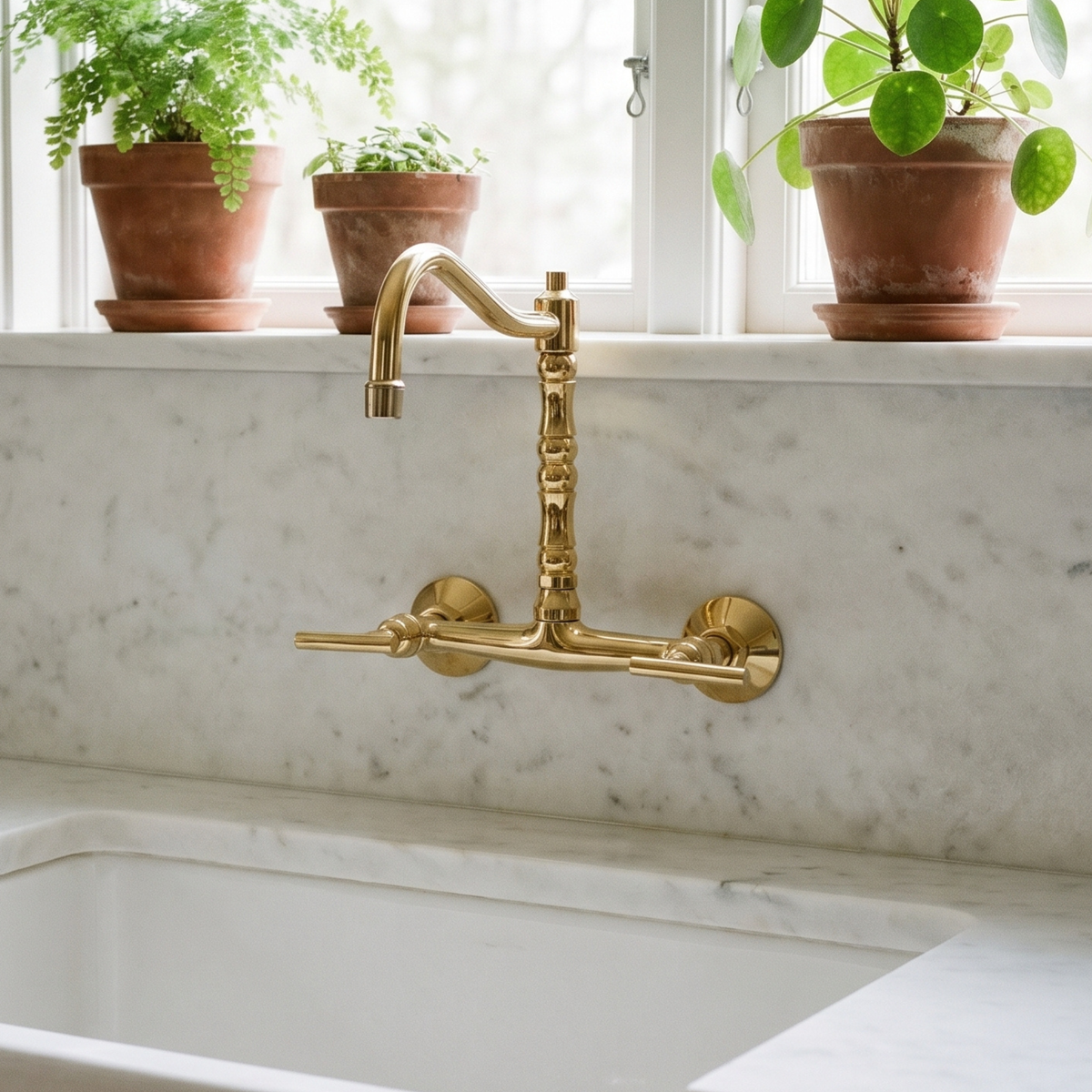 Unlacquered brass wall faucet, 10.25" high, 8" spread with lever handles