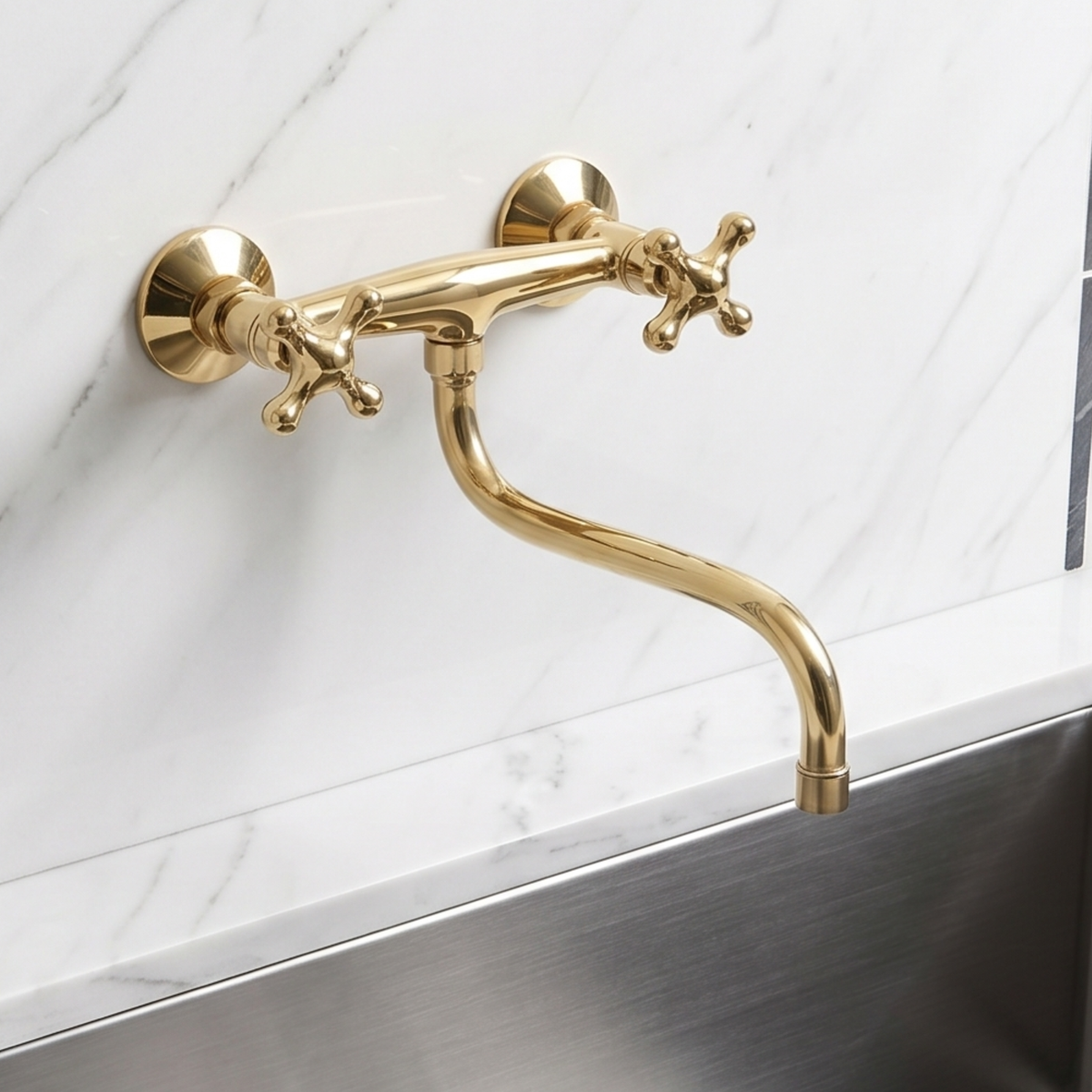 Unlacquered brass wall faucet, 10" reach, 7" drop with cross handles