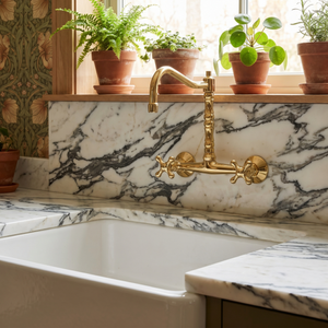 Unlacquered brass wall faucet, 10.25" high, 8" spread with cross handles
