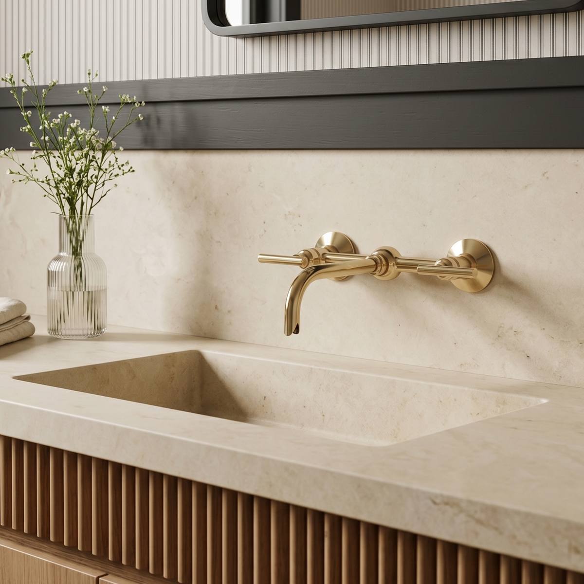 10" Ball-Center unlacquered brass wall faucet, 8" spread with lever handles