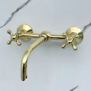 10" Ball-Center unlacquered brass wall faucet, 8" spread with cross handles – alternate view 4